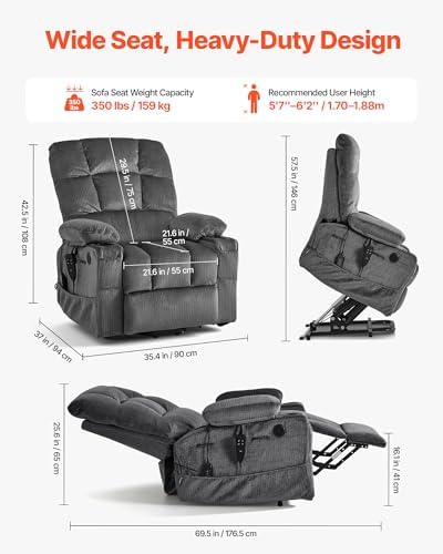 VEVOR Large Power Lift Recliner Chair  Dual Motor Lift Chair with Heat and Massage for Elderly  Position Adjustable with Storage Pockets  Cup Holders  Velvet Fabric  Dark Gray