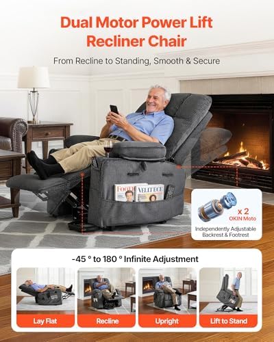 VEVOR Large Power Lift Recliner Chair  Dual Motor Lift Chair with Heat and Massage for Elderly  Position Adjustable with Storage Pockets  Cup Holders  Velvet Fabric  Dark Gray