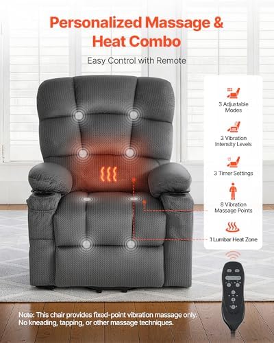 VEVOR Large Power Lift Recliner Chair  Dual Motor Lift Chair with Heat and Massage for Elderly  Position Adjustable with Storage Pockets  Cup Holders  Velvet Fabric  Dark Gray