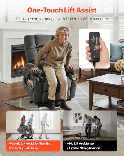 VEVOR Large Power Lift Recliner Chair  Dual Motor Lift Chair with Heat and Massage for Elderly  Position Adjustable with Storage Pockets  Cup Holders  Velvet Fabric  Dark Gray