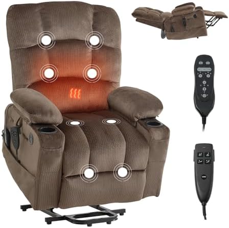 VEVOR Large Power Lift Recliner Chair  Dual Motor Lift Chair with Heat and Massage for Elderly  Position Adjustable with Storage Pockets  Cup Holders  Velvet Fabric  Dark Gray