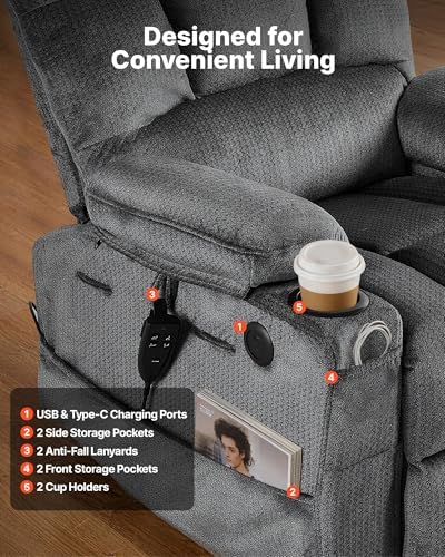 VEVOR Large Power Lift Recliner Chair  Dual Motor Lift Chair with Heat and Massage for Elderly  Position Adjustable with Storage Pockets  Cup Holders  Velvet Fabric  Dark Gray