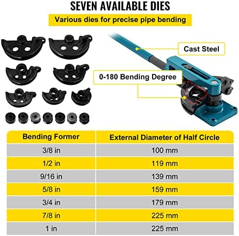 VEVOR Pipe Tube Bender  3/8 to 1 Manual Pipe Tube Bender  with 7 Dies  Heavy Duty Tube Bender Tubing of Steel Metal Copper  for Repair Shops  Blue
