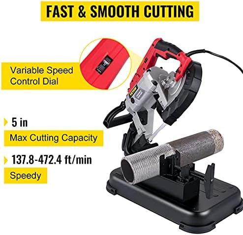 VEVOR Portable Band Saw  110V Removable Alloy Steel Base 5 Inch Cutting Capacity Hand held Variable Speed Portable Bandsaw  10Amp Motor Deep Cut Band saw for Metal Wood