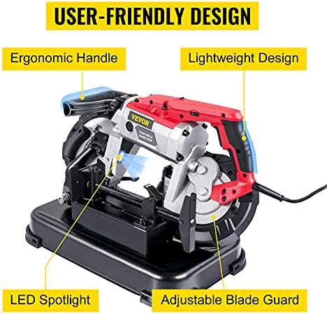 VEVOR Portable Band Saw  110V Removable Alloy Steel Base 5 Inch Cutting Capacity Hand held Variable Speed Portable Bandsaw  10Amp Motor Deep Cut Band saw for Metal Wood