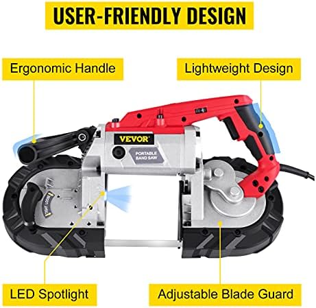 VEVOR Sierra de Cinta Portátil, Sierra de Banda con Cable de Capacidad de Corte de 5 Pulgadas, Sierra de Banda Manual de Velocidad Variable, Sierra de Cinta Portátil con Motor de 10 Amperios, Sierra