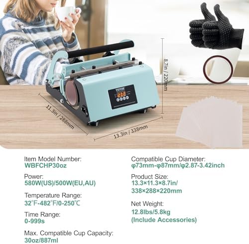 VEVOR Tumbler Heat Press Machine  11 30oz Mug Press  Heat Up Fast and Even  Tumbler Press with Sublimation Paper  Tape and Gloves  Temp and Time Setting  for Sublimation Tumblers  Cups  Mugs  Green