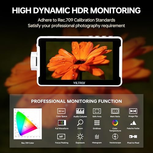 VILTROX DC 550 Touch Screen DSLR Camera Field Monitor 1200 Nits High Bright 5 5 inch DSLR Camera Monitor with Sunshade Hood/Battery 3D LUT HDR 4K HDMI in and Out Exposure Focus Assist Waveform Monitor