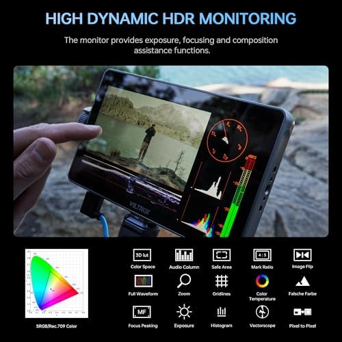 VILTROX DC 550 Touch Screen DSLR Camera Field Monitor 1200 Nits High Bright 5 5 inch DSLR Camera Monitor with Sunshade Hood/Battery 3D LUT HDR 4K HDMI in and Out Exposure Focus Assist Waveform Monitor
