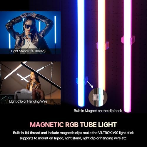 VILTROX K90 2 Pack RGB Tube Light  30W 38inch Large RGBWY Photography LED Video Stick Light Wand with APP/2 4G/Remote Control  CRI 97   26 Scenes  2500K 8500K  14 8V/3300mAh Battery  Magnetic Chip