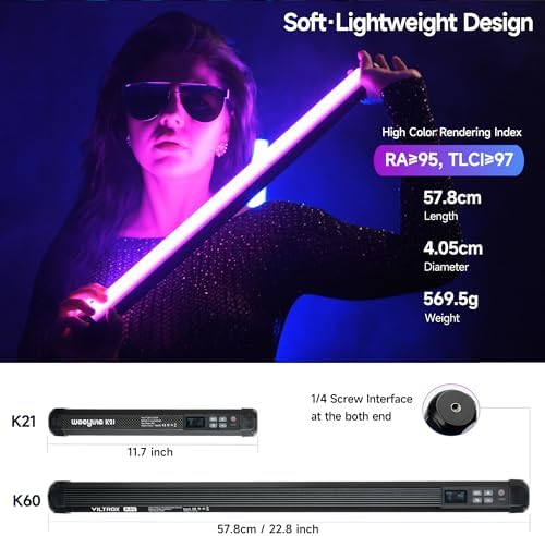 VILTROX K90 2 Pack RGB Tube Light  30W 38inch Large RGBWY Photography LED Video Stick Light Wand with APP/2 4G/Remote Control  CRI 97   26 Scenes  2500K 8500K  14 8V/3300mAh Battery  Magnetic Chip
