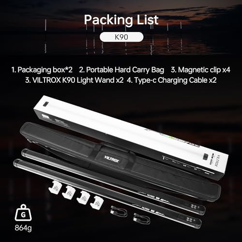 VILTROX K90 2 Pack RGB Tube Light  30W 38inch Large RGBWY Photography LED Video Stick Light Wand with APP/2 4G/Remote Control  CRI 97   26 Scenes  2500K 8500K  14 8V/3300mAh Battery  Magnetic Chip