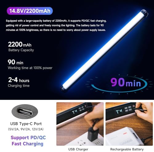 VILTROX K90 2 Pack RGB Tube Light  30W 38inch Large RGBWY Photography LED Video Stick Light Wand with APP/2 4G/Remote Control  CRI 97   26 Scenes  2500K 8500K  14 8V/3300mAh Battery  Magnetic Chip