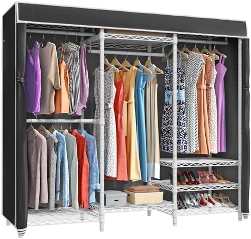 VIPEK V5C Bedroom Armoires Portable Clothes Closet Rack  White Metal Clothing Rack with Black Cover  Adjustable Custom Freestanding Closet Wardrobe Heavy Duty Covered Clothes Rack  Max Load 890LBS