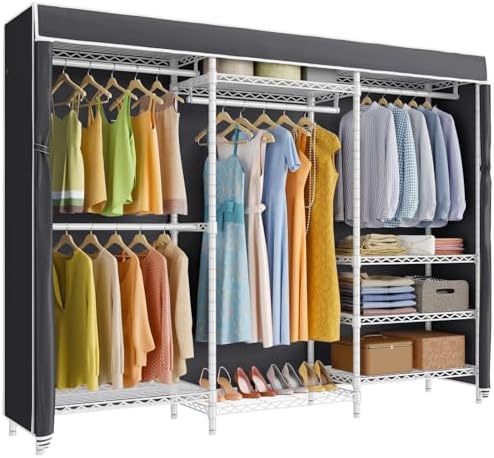 VIPEK V5C Bedroom Armoires Portable Clothes Closet Rack  White Metal Clothing Rack with Black Cover  Adjustable Custom Freestanding Closet Wardrobe Heavy Duty Covered Clothes Rack  Max Load 890LBS