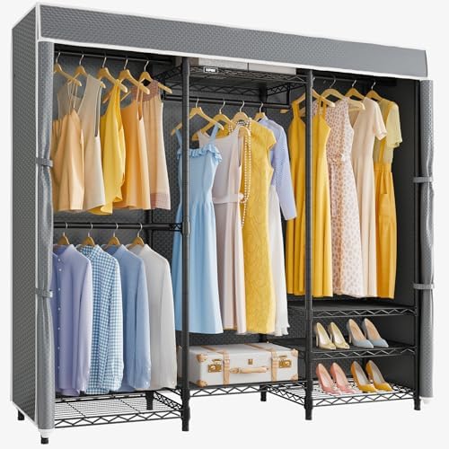 VIPEK V5C Bedroom Armoires Portable Clothes Closet Rack  White Metal Clothing Rack with Black Cover  Adjustable Custom Freestanding Closet Wardrobe Heavy Duty Covered Clothes Rack  Max Load 890LBS