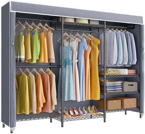 VIPEK V5C Bedroom Armoires Portable Clothes Closet Rack  White Metal Clothing Rack with Black Cover  Adjustable Custom Freestanding Closet Wardrobe Heavy Duty Covered Clothes Rack  Max Load 890LBS