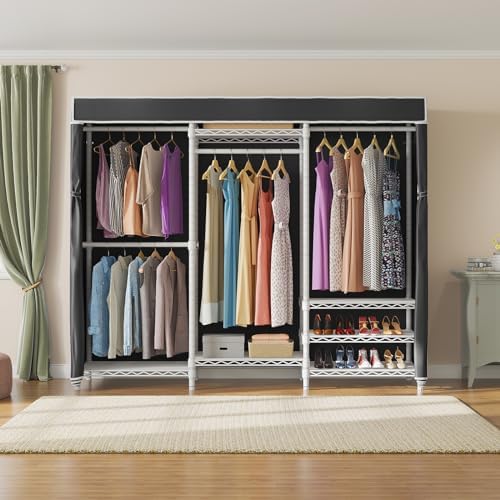 VIPEK V5C Bedroom Armoires Portable Clothes Closet Rack  White Metal Clothing Rack with Black Cover  Adjustable Custom Freestanding Closet Wardrobe Heavy Duty Covered Clothes Rack  Max Load 890LBS