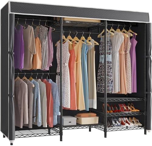 VIPEK V5C Bedroom Armoires Portable Clothes Closet Rack  White Metal Clothing Rack with Black Cover  Adjustable Custom Freestanding Closet Wardrobe Heavy Duty Covered Clothes Rack  Max Load 890LBS