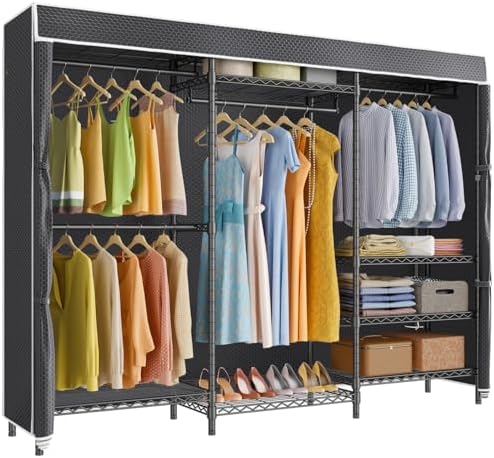 VIPEK V5C Bedroom Armoires Portable Clothes Closet Rack  White Metal Clothing Rack with Black Cover  Adjustable Custom Freestanding Closet Wardrobe Heavy Duty Covered Clothes Rack  Max Load 890LBS