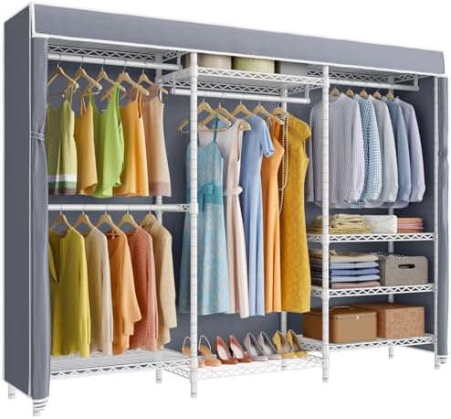 VIPEK V5C Bedroom Armoires Portable Clothes Closet Rack  White Metal Clothing Rack with Black Cover  Adjustable Custom Freestanding Closet Wardrobe Heavy Duty Covered Clothes Rack  Max Load 890LBS