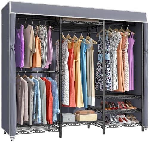 VIPEK V5C Bedroom Armoires Portable Clothes Closet Rack  White Metal Clothing Rack with Black Cover  Adjustable Custom Freestanding Closet Wardrobe Heavy Duty Covered Clothes Rack  Max Load 890LBS