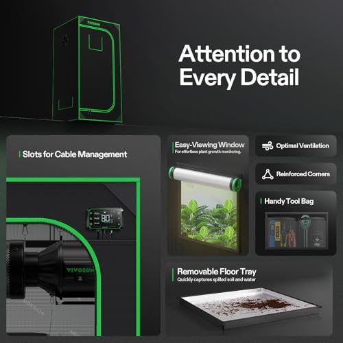 VIVOSUN S336 3x3 Grow Tent  36x36x72 High Reflective Mylar with Observation Window and Floor Tray for Hydroponics Indoor Plant for VS2000/VS3000