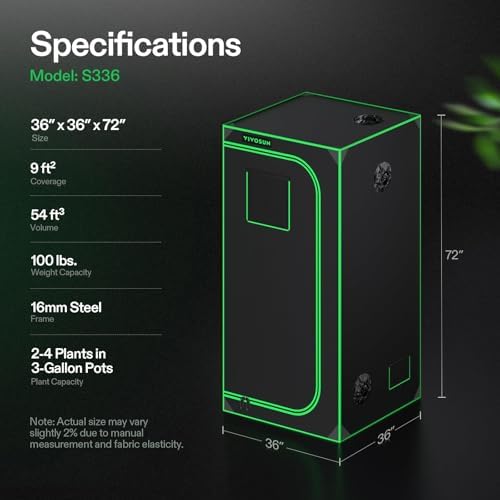 VIVOSUN S336 3x3 Grow Tent  36x36x72 High Reflective Mylar with Observation Window and Floor Tray for Hydroponics Indoor Plant for VS2000/VS3000
