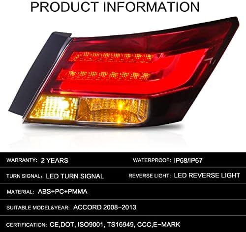 VLAND Tail lights Assembly Fit for 2008 2013 Honda Accord  Taill Lamp assembly with Turn Signal  Reverse Lights  LED DRL light  Plug and play Red & Smoked