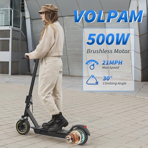 VOLPAM Electric Scooter  350W/500W Powerful Motor  8 5/10 Solid Tires  19/22Mph  28/23/21/16 Miles Max Range  Dual Braking