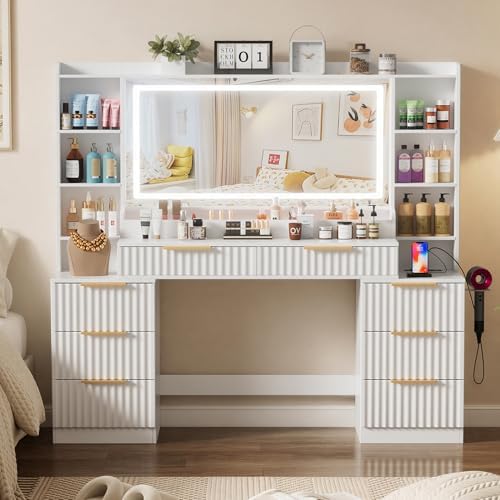 Vanity Desk with Large Mirror and Lights Dressing Table with Charging Station 8 Drawers and 6 Storage Shelves 3 Colors of Lighting for Women  Girls White