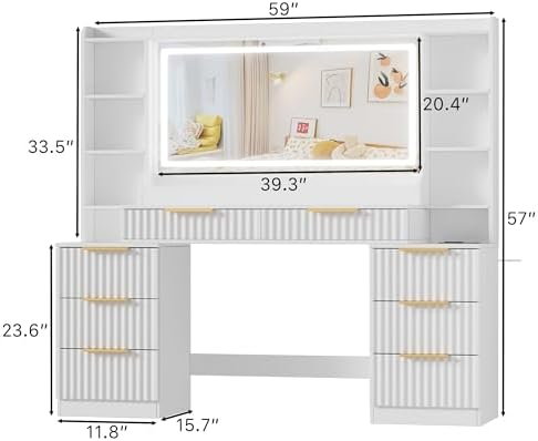 Vanity Desk with Large Mirror and Lights Dressing Table with Charging Station 8 Drawers and 6 Storage Shelves 3 Colors of Lighting for Women  Girls White