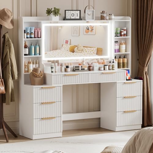 Vanity Desk with Large Mirror and Lights Dressing Table with Charging Station 8 Drawers and 6 Storage Shelves 3 Colors of Lighting for Women  Girls White