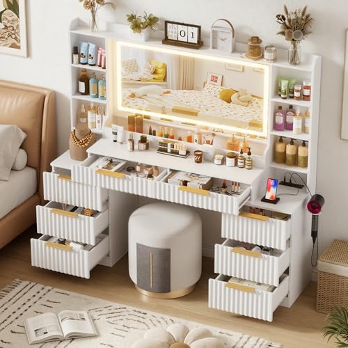 Vanity Desk with Large Mirror and Lights Dressing Table with Charging Station 8 Drawers and 6 Storage Shelves 3 Colors of Lighting for Women  Girls White
