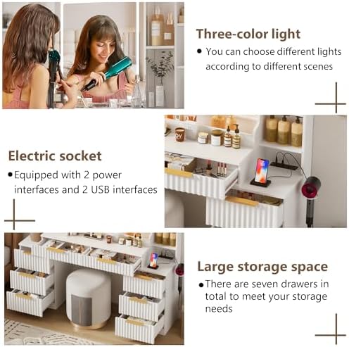 Vanity Desk with Large Mirror and Lights Dressing Table with Charging Station 8 Drawers and 6 Storage Shelves 3 Colors of Lighting for Women  Girls White