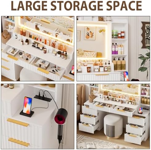 Vanity Desk with Large Mirror and Lights Dressing Table with Charging Station 8 Drawers and 6 Storage Shelves 3 Colors of Lighting for Women  Girls White