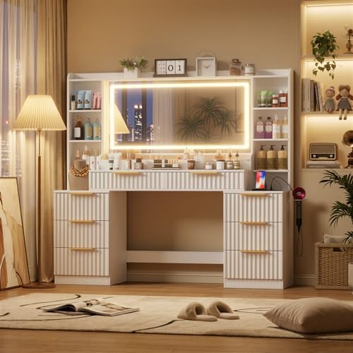 Vanity Desk with Large Mirror and Lights Dressing Table with Charging Station 8 Drawers and 6 Storage Shelves 3 Colors of Lighting for Women  Girls White