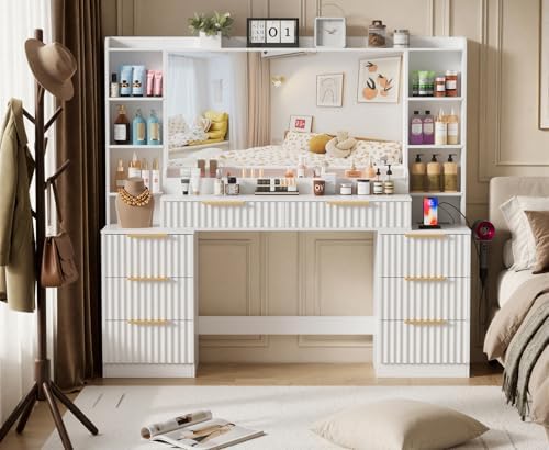 Vanity Desk with Large Mirror and Lights Dressing Table with Charging Station 8 Drawers and 6 Storage Shelves 3 Colors of Lighting for Women  Girls White