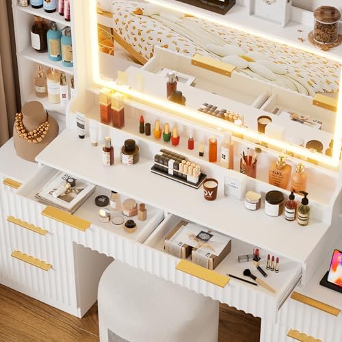 Vanity Desk with Large Mirror and Lights Dressing Table with Charging Station 8 Drawers and 6 Storage Shelves 3 Colors of Lighting for Women  Girls White