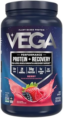 Vega Sport Vegan Protein Powder   Recovery   30g Plant Based Protein per Serving  Vanilla  45 Servings  5g BCAAs  Probiotics  NSF Certified  for Shakes & Smoothies  4 1lbs  Packaging May Vary