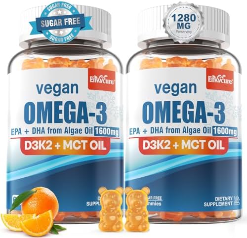 Vegan Omega 3 Gummies 1280mg   Vitamin D3 K2  MK7   Omega 3 Fish Oil Alternative for Adults  w/Algae EPA 600mg & DHA 400mg  MCT Oil   No Fish Taste   for Brain  Eye  Immune Health  Sugar Free  2 Pack