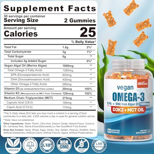Vegan Omega 3 Gummies 1280mg   Vitamin D3 K2  MK7   Omega 3 Fish Oil Alternative for Adults  w/Algae EPA 600mg & DHA 400mg  MCT Oil   No Fish Taste   for Brain  Eye  Immune Health  Sugar Free  2 Pack