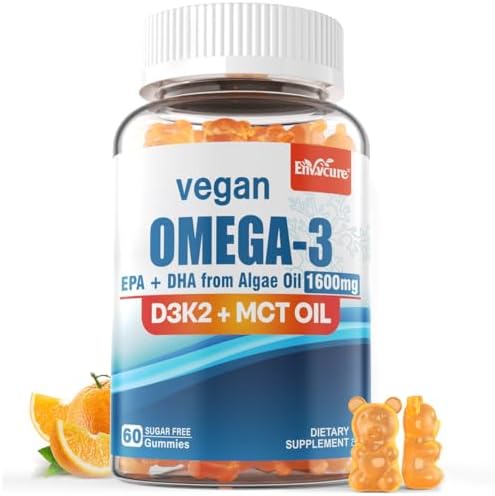 Vegan Omega 3 Gummies 1280mg   Vitamin D3 K2  MK7   Omega 3 Fish Oil Alternative for Adults  w/Algae EPA 600mg & DHA 400mg  MCT Oil   No Fish Taste   for Brain  Eye  Immune Health  Sugar Free  2 Pack
