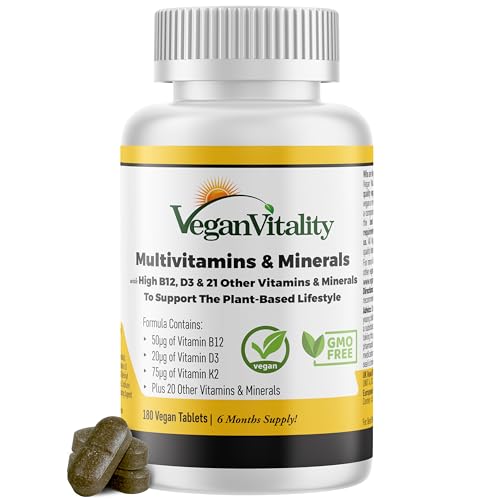 Vegan Vitality Multivitamins & Minerals for Women and Men with High Strength Vitamin B12  D3 & K2  180 Vegan Multivitamin Tablets   6 Months Supply  Vitamins for Vegans & Vegetarians