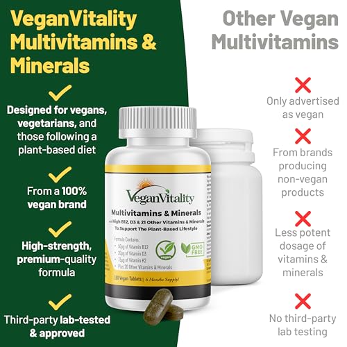 Vegan Vitality Multivitamins & Minerals for Women and Men with High Strength Vitamin B12 D3 & K2 180 Vegan Multivitamin Tablets 6 Months Supply Vitamins for Vegans & Vegetarians