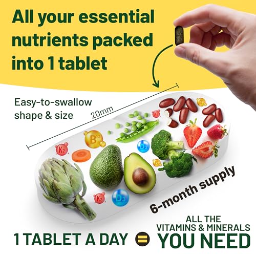 Vegan Vitality Multivitamins & Minerals for Women and Men with High Strength Vitamin B12 D3 & K2 180 Vegan Multivitamin Tablets 6 Months Supply Vitamins for Vegans & Vegetarians