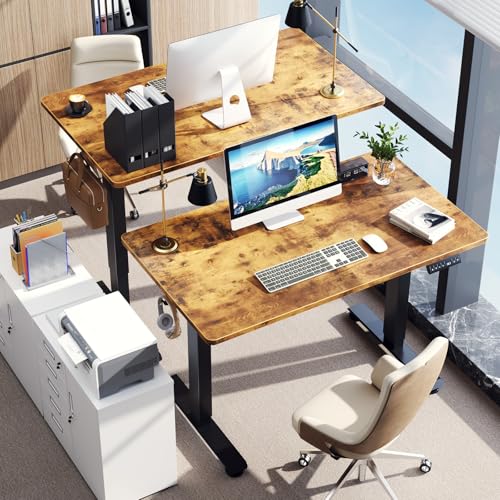 Veken 47 2 Standing Desk Electric  Height Adjustable Sit Stand Up  Wood Desktop  Work Home Office  Computer PC Table  Writing Rising Desks  Brown