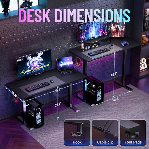 Veken 55 Inch Large Electric Standing Gaming Desk  Heights Adjustable Sit to Stand Up  Work Home Office Computer Table for Study  Walking Pad  Writing  and Games  Wooden Desktop Desks  Black