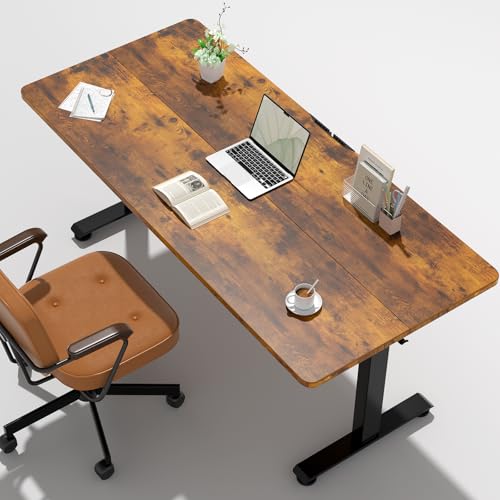 Veken 55 Inch  Height Adjustable Sit Stand Up  Wood Desktop  Work Home Office Computer PC Table  Tall Standup Workstation  Gaming Writing Study Bedroom Rising Desks  Brown