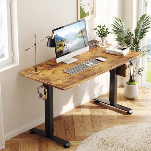 Veken 55 Inch  Height Adjustable Sit Stand Up  Wood Desktop  Work Home Office Computer PC Table  Tall Standup Workstation  Gaming Writing Study Bedroom Rising Desks  Brown